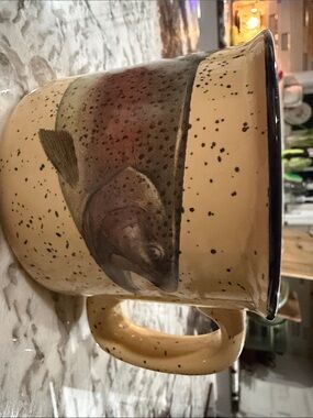 Hand-Painted Trout Ceramic Fish Mug - Cream Speckle